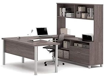 Grey U-Shaped Desk with Built-in Storage